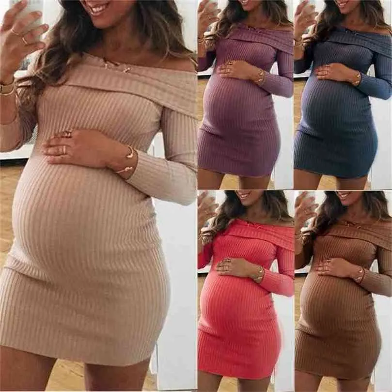Maternity Dress for Pregnant Women Clothes Casual Solid Color One-shoulder Long-sleeved Pography Sexy Skinny Vestidos 210922