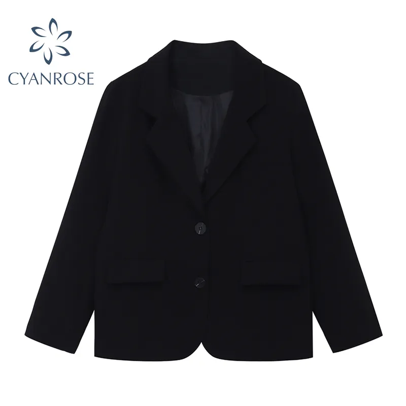 Black Blazer Jacket Coat For Women Notched Collar Basic Single Breasted Elegant Outwear Lady Fashion Loose Vintage Overcoat 210417
