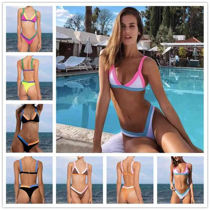 Kızlar Bikini Set Seksi Brezilyalı Mayo Küçük Fincan Yüksek Kesim Tarzı Plaj Biquini Siyah / Beyaz Splice Mayo Tanga Bikini 210629