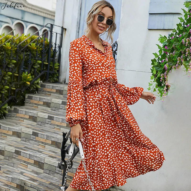 Uzun Elbise Sonbahar Moda Kadın Giysileri Rahat Vintage Baskı Elbise Uzun Kollu Bir Hattı İmparatorluğu Ince Stand-Boyun Elbise Kadın 210415