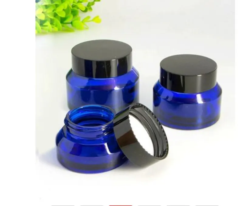 15g / 30g / 50g Blue Glass Amber Kosmetisk Facial Cream Flaskor Lip Balm Prov Container Jar Store Flaskor Travel Makeup Potter