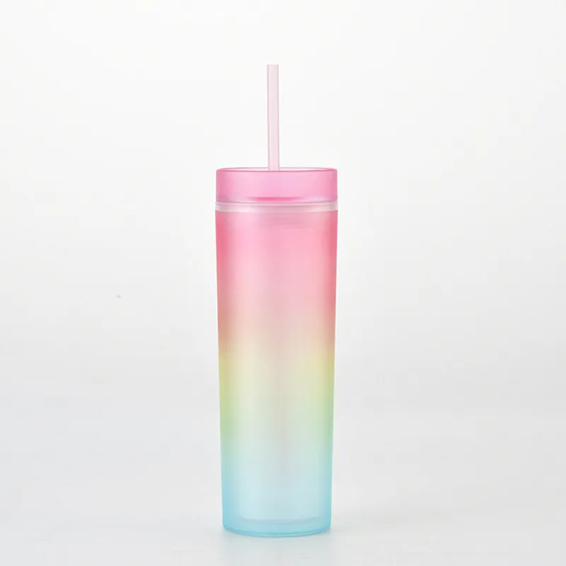 16oz Straight Skinny Acrylic Tumbler with Lid Straw Gradient Colors 16oz Plastic Cup 480ml Double Wall Acrylic water bottle BPA Free NEW