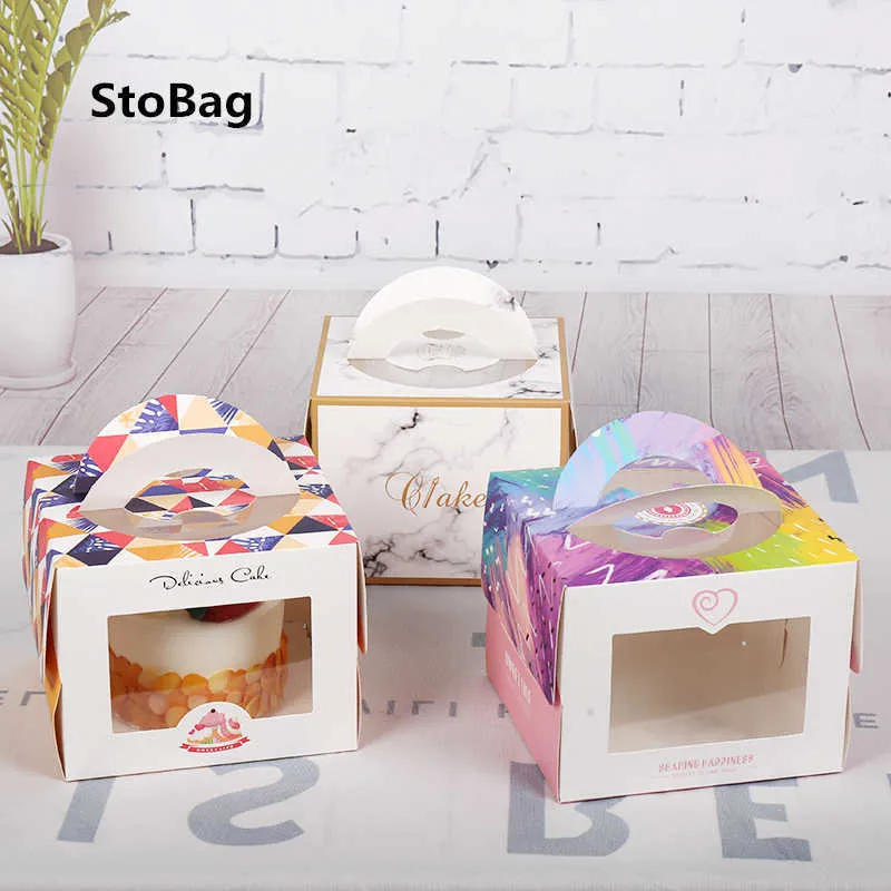 StoBag 10pcs 4-inch Portable Cake Box With Window DIY Handamde Dessert Baby Show Birthday Party Wedding Gift Packing Supplier 210602