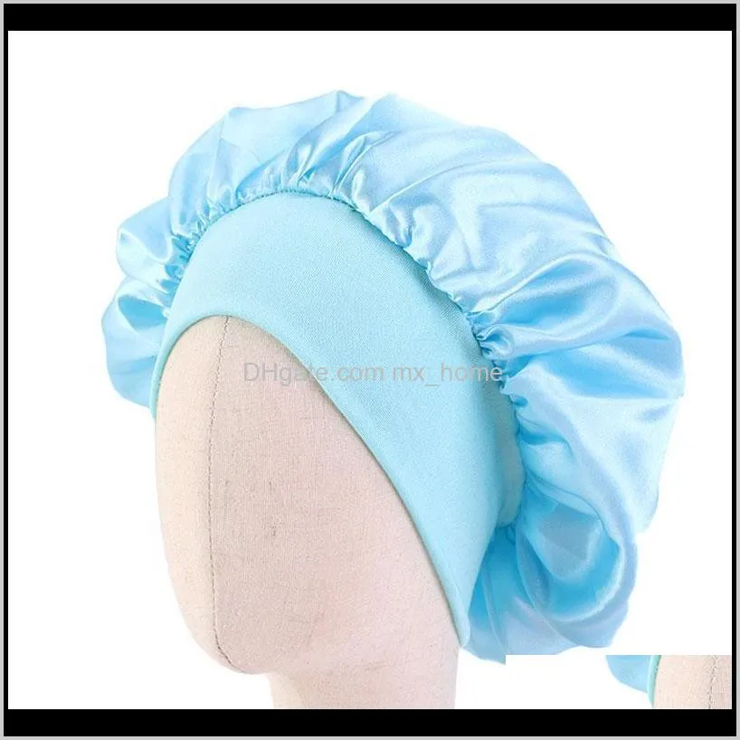 kids satin bonnet cap solid color turban bath hat girl`s wide elastic band night sleeping beanies