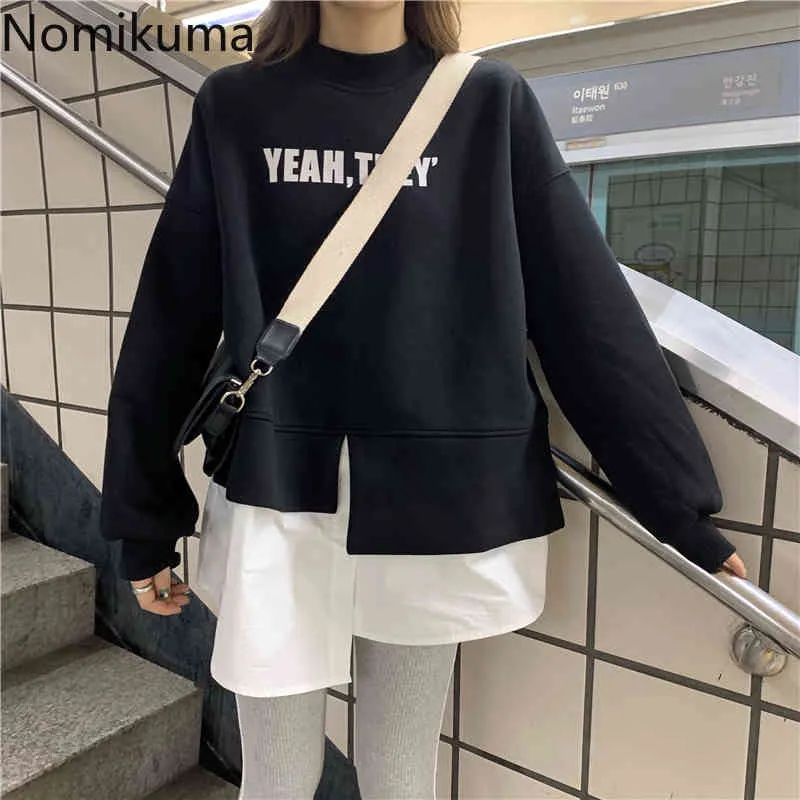 Nomikuma Casual suelta pulóver sudadera mujer falso dos piezas letra impresa manga larga coreano Chic sudaderas con capucha prendas de vestir exteriores 3d222 210514