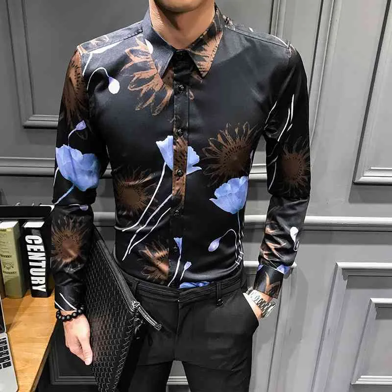 England Sunflower Print Men Shirt Long Sleeve Slim Fit Mens Casual Shirts High Quality Night Club Work Tuxedo Tops Camisa 210527