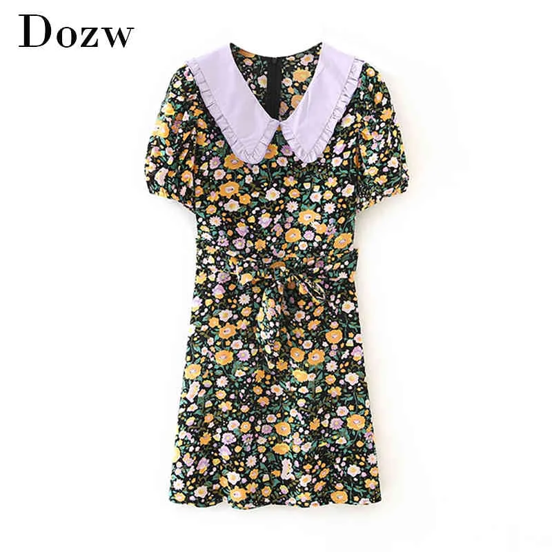 Floral Impressão Vintage Mini Vestido Mulheres Puff de Manga Curta Casual Sashes Vestido Desligado Collar Vestidos de Verão Vestido 210414