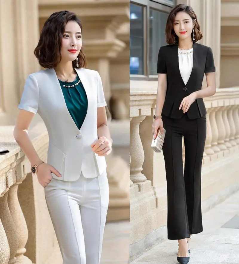 夏のフォーマルホワイトブレザー女性ビジネススーツパンツとジャケットセットレディースワークウェア服半足の女性の2ピースパンツ