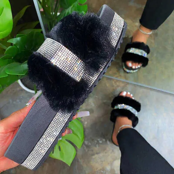 Luxury Designer Women Fur Rhinestone Tofflor Platform Wedges Heel Solid Fluffy Furry Slides Outside Sexiga Skor Damer Whosale Q0508