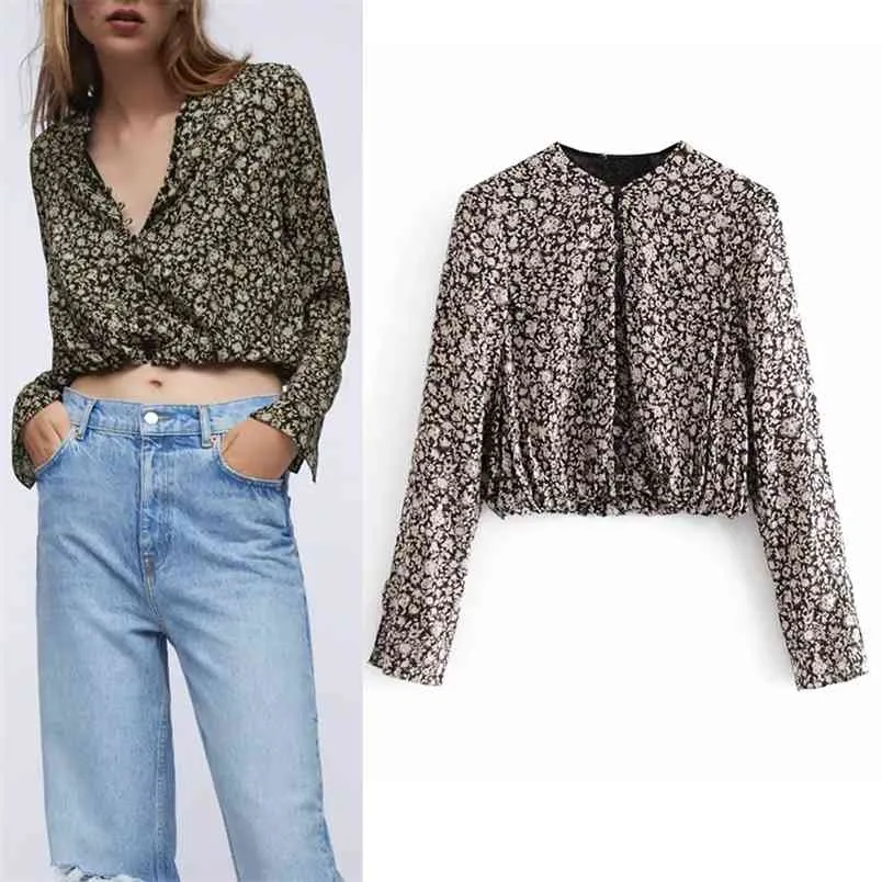 Blouse Femmes Vintage Vintage Principal Crop Top Femme À Manches À Manches longues ourlet ourlet ourlet Élastique Bouton Bouton Dames Mode Casual Tops 210519