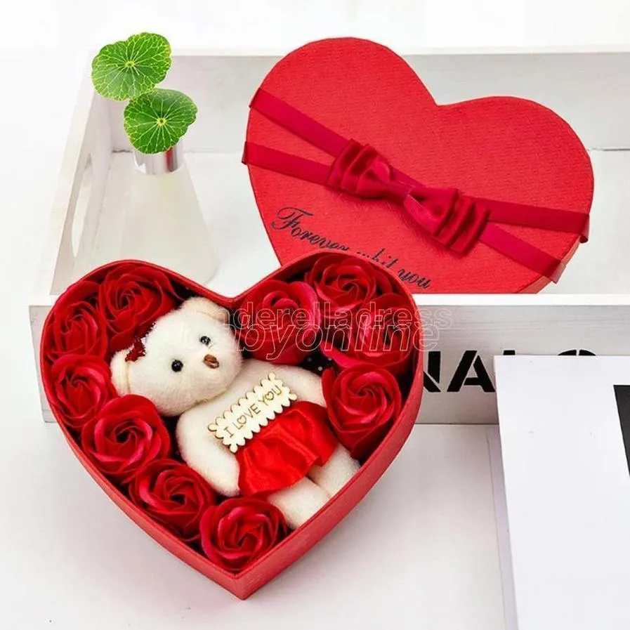 10 꽃 비누 꽃 선물 장미 상자 베어 2021 발렌타인 데이 결혼식 장식 선물 축제 하트 모양의 상자 wht0228