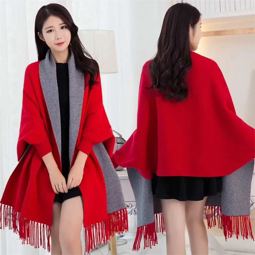 Women Winter Poncho with Sleeve Shawls and Wraps Pashmina Red Thicken Scarf Stoles Femme Hiver Warm Reversible Ponchos Capes 211227