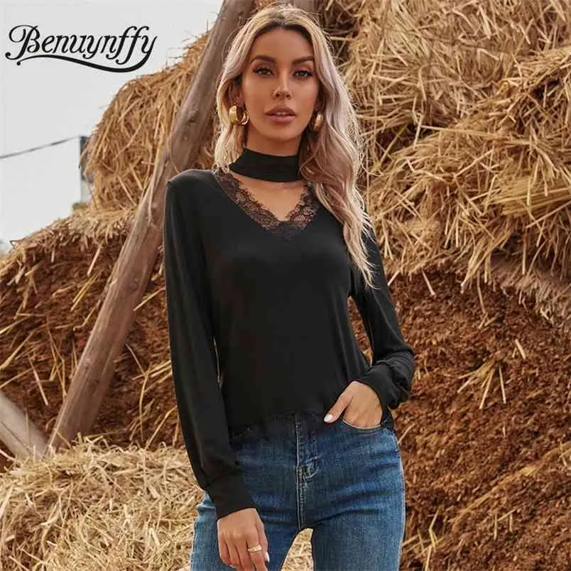 Choker Neck Lace Patchwork Fashion T Shirt Women Spring Fall Black Cut Out Long Sleeve Female Elegant Tshirt Tops 210510