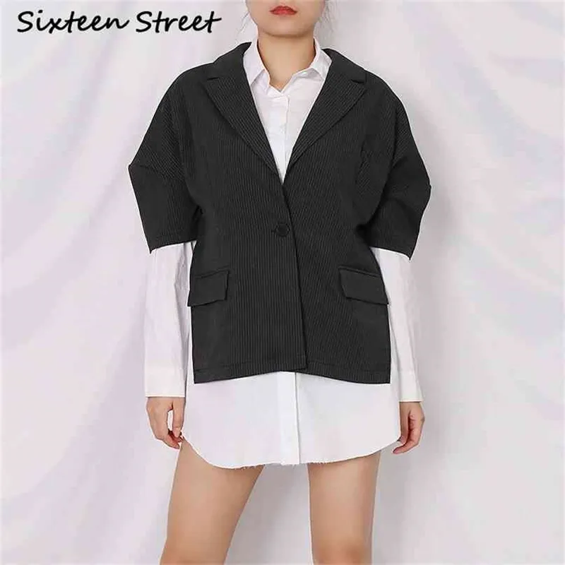 fashion notched collar blazer shirts woman long-sleeve autumn winter fake 2 piece tops ladies streetwear 210603