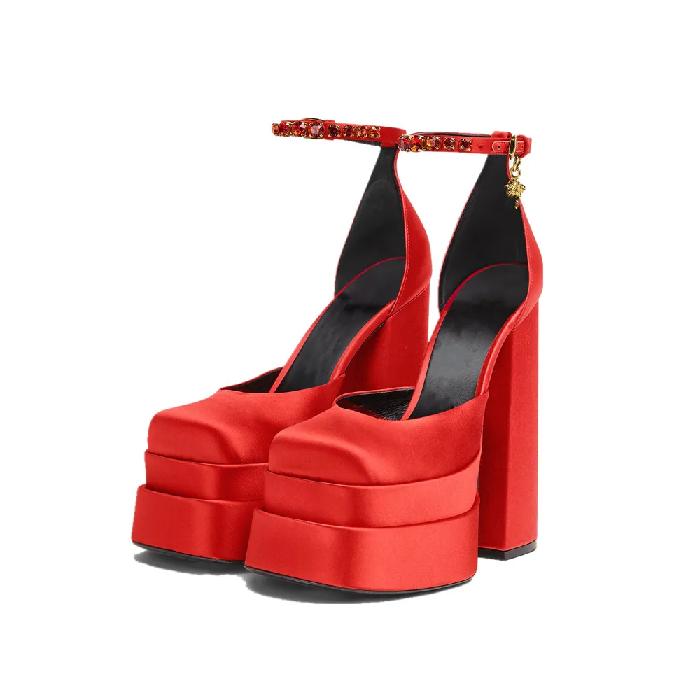 여성의 새로운 패션 샌들, 방수 플랫폼 스퀘어 헤드 실크 슈퍼 하이힐 14cm 단일 신발, 크기 : 34-44, 레드