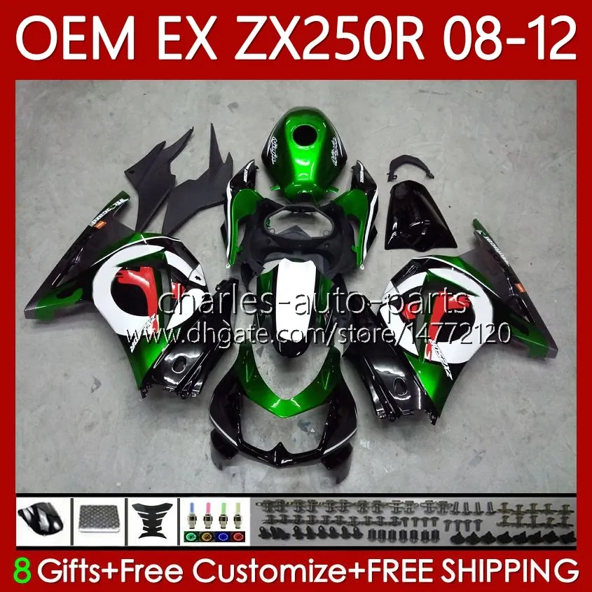 Корпус OEM для Kawasaki Ninja EX250 ZX250 R EX ZX 250R ZX-250R 2008-2012 81NO.82 EX-250 ZX250R 2008 2009 2010 2011 2012 EX250R 08 09 10 11 12 Нагруженность впрыска Зеленый BLK завод