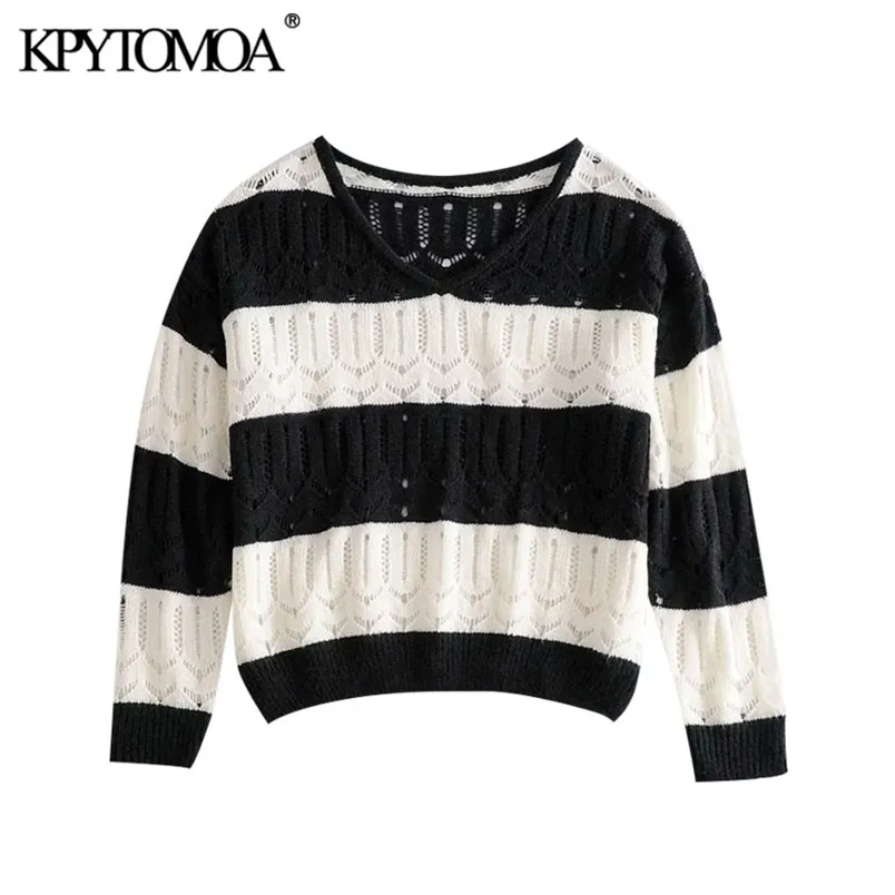 Women Fashion Hollow Out Striped Knitted Sweater V Neck Long Sleeve Loose Female Pullovers Chic Tops 210420