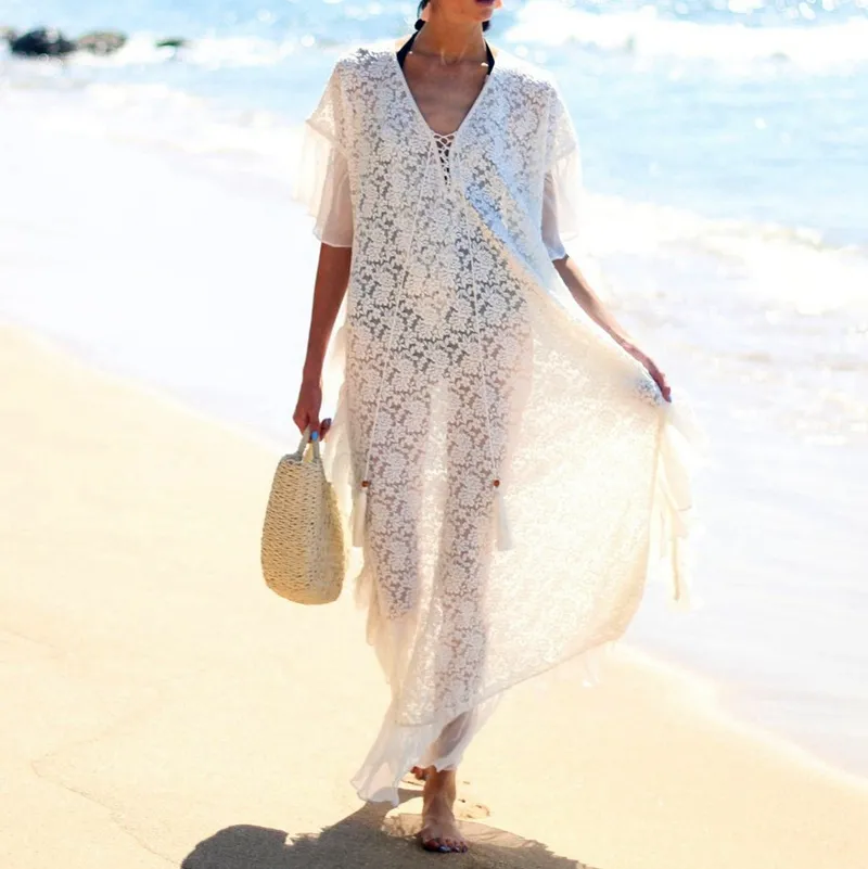 Ruffle Maxi Dress Lace Chiffon V Neck Women Bikini Wrap Short Sleeve Mesh Drawstring Cover Up Summer Beachwear Elegant