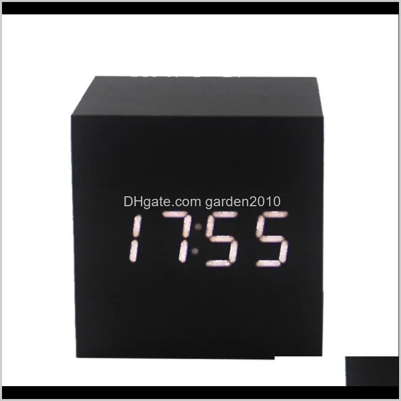 creative led alarm clock wooden square clock multi-function digital alarm for home school (bamboo wood white character,
