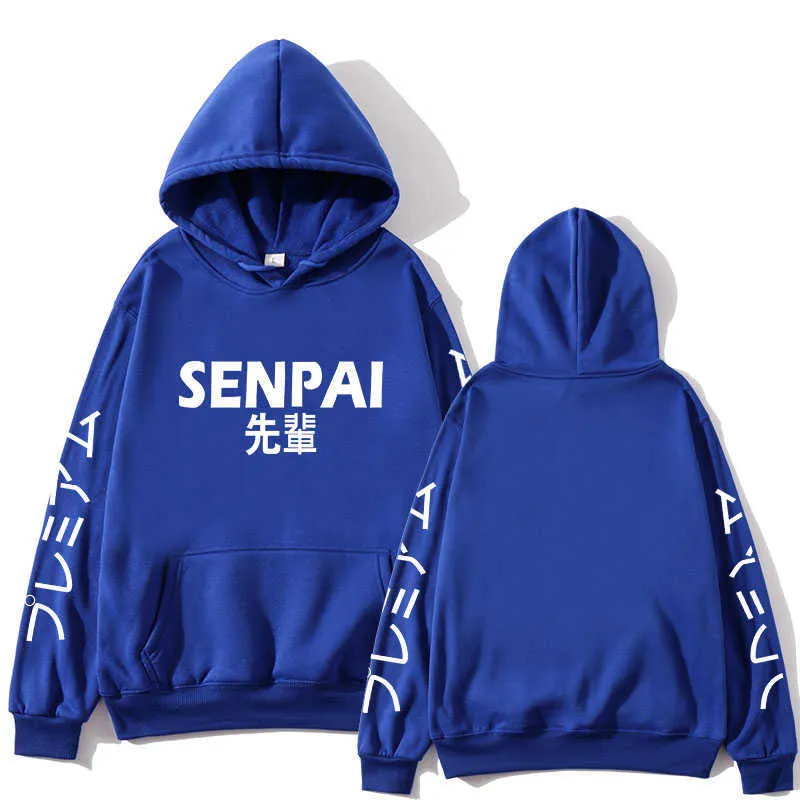 Inverno Novo Anime Senpai Design Impresso Fleece Men's Hoodie Homens e Mulheres Estilo de Rua Engraçado Preto Com Capuz Homem de Inverno Y0804