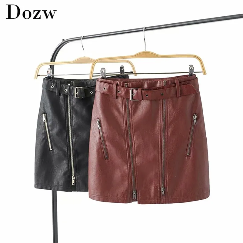 High Waist With Belt Faux Leather Skirt Women PU Solid Mini Skirts Streetwear Female Front Zipper Short A-Line 210515