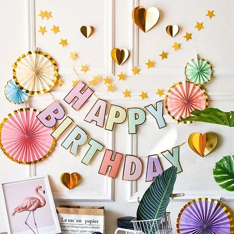 Partydekoration „Alles Gute zum Geburtstag“, Wimpelkette, Banner, zum Aufhängen, Papierfächer, Macaron, Süßigkeiten, Pastell, Girlande, Babyparty, 1. Dekoration