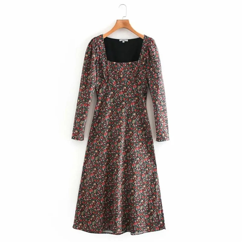 Été femmes Vintage robe à manches longues imprimé fleuri col carré es femme élégante rue a-ligne vestidos 210513