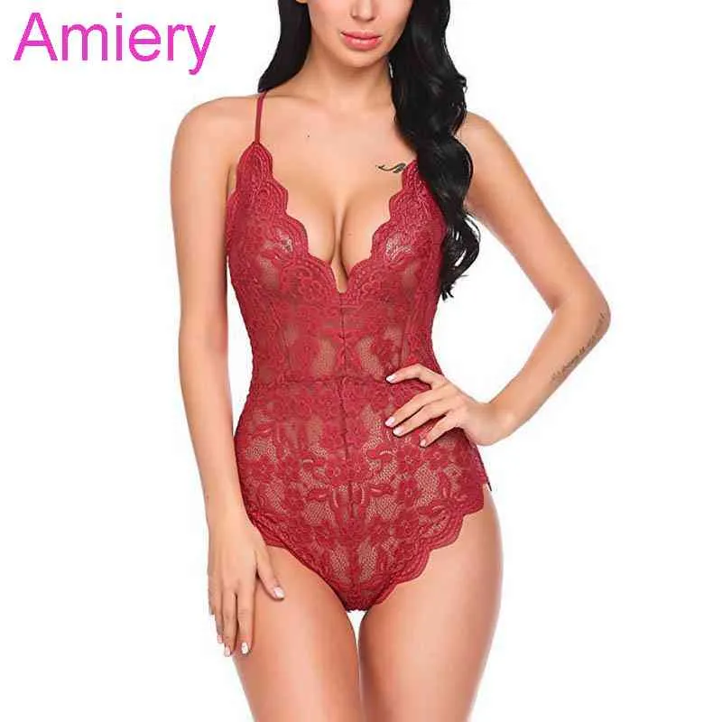 Women Sexy Lingerie V Neck Sleepwear Nightwear Ladies Lace Sling Pajamas Backless Bodysuit Female See Through Sleepwear 050811