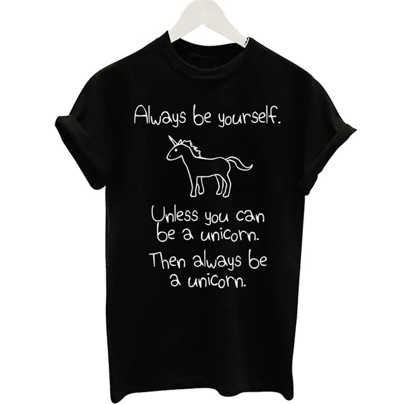أسود t-shirt النساء السيدات قمم يونيكورن إلكتروني طباعة عارضة مضحك القمصان تي شيرت فام فضفاض 210517