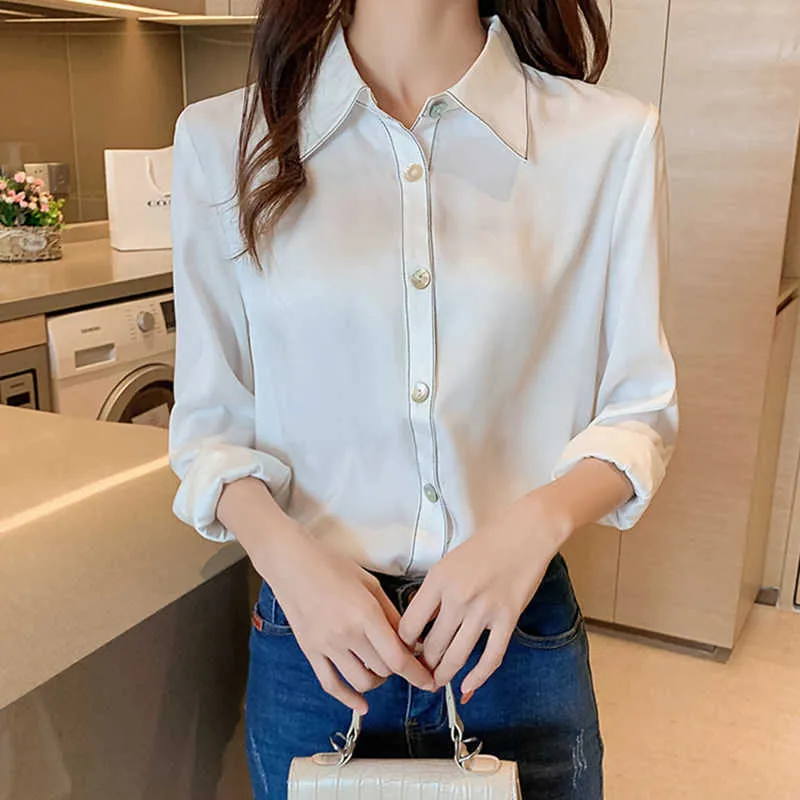 Korean Silk Women Shirts Long Sleeve White Woman Satin Blouses Casual Pink Ladies Tops Plus Size 210604
