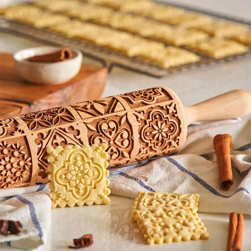 Exquisite Pattern Rolling Pin Wooden Embossing Baking Tools Reindeer Dough Engraved Square Grid Cookies Mold 210401