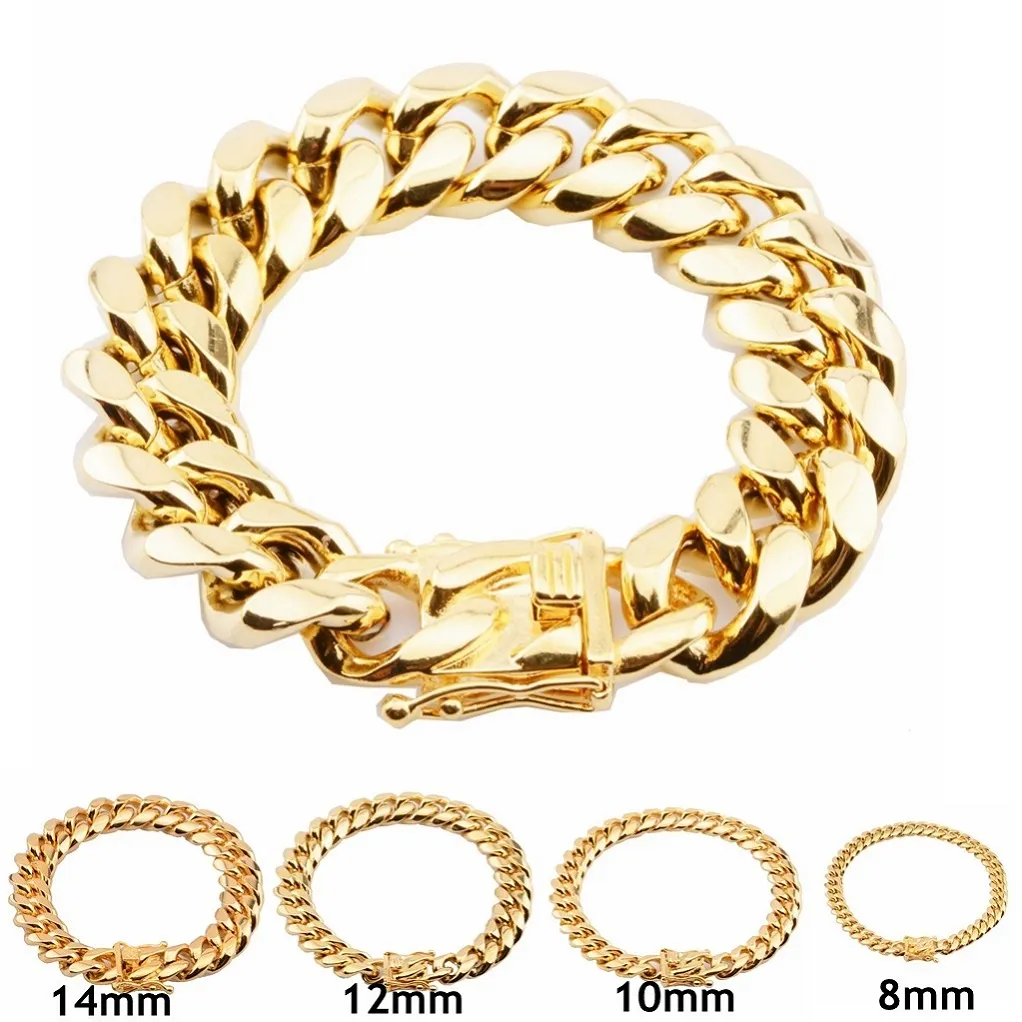 Bracelet à maillons cubains en acier inoxydable pour hommes, chaînes en or, bijoux Hip Hop 8 10 12 16 18mm2140
