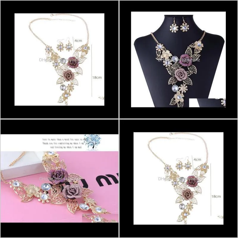 high-end crystal exaggerated jewelry retro flower jewelry set auger alloy hollow out brief necklace