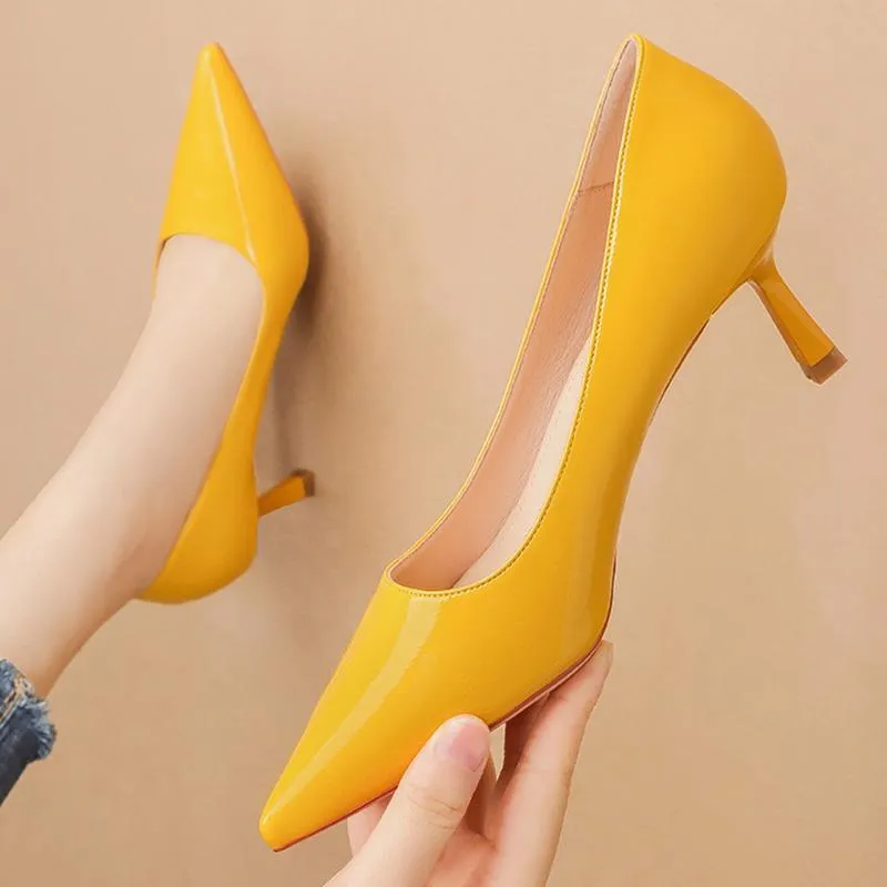 Chaussures habillées 2021 automne mode femmes 6 cm talons hauts chaton bas bout pointu rouge jaune cuir coréen brillant