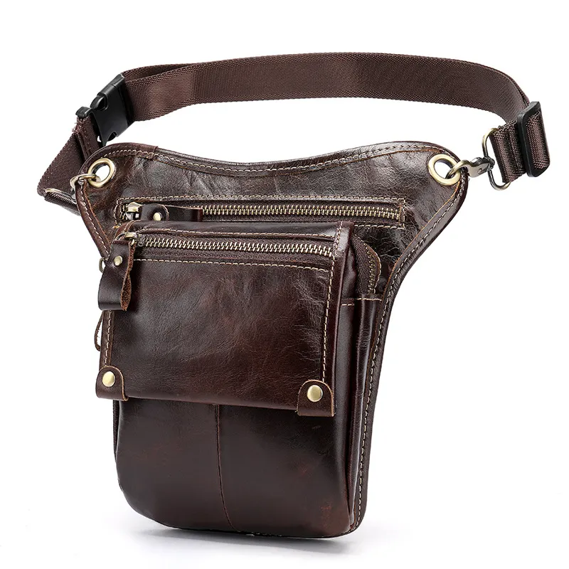 Man Genuine Leather Motorcycle Leg Bag Men's Vintage Waist Pack Fanny Packs Belt Bags Phone Pouch Travel Male Small Bag