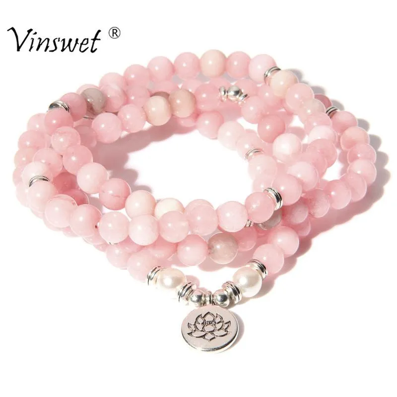 Hög mängd natursten armband 108 mala yoga halsband rosa jades smycken för kvinnor mode 2021 droppe pärlstav, strängar
