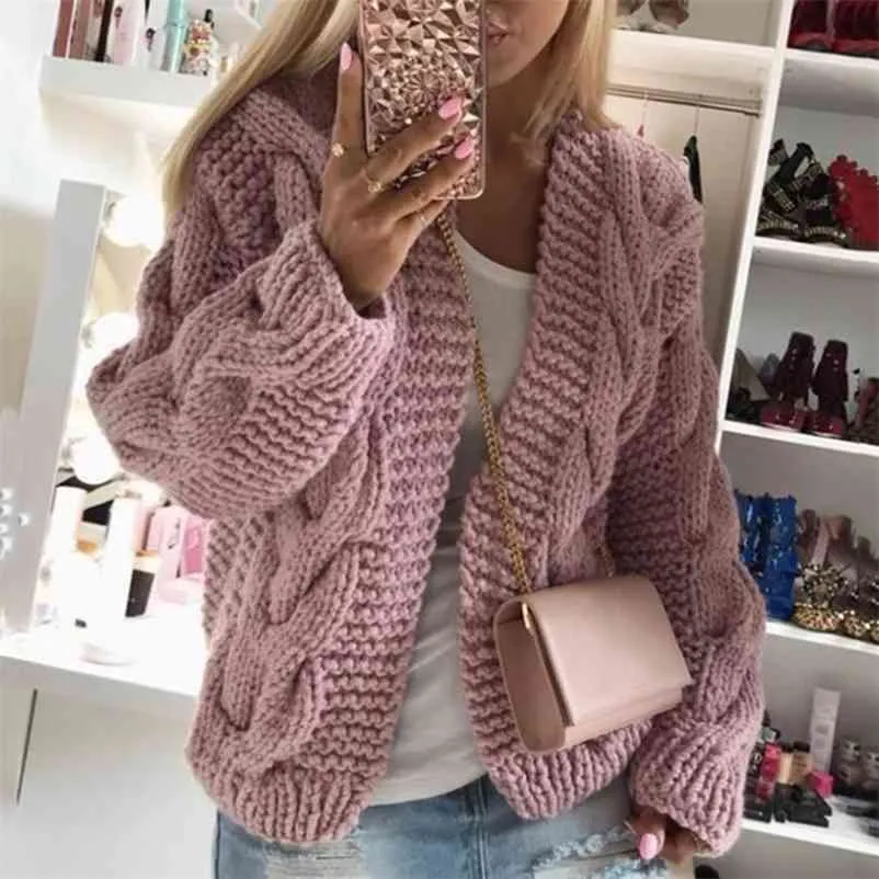 Foridol Dzianiny Twist Pink Cardigans Kobiety Jesień Zima Z Długim Rękawem Vintage Cardigans Casual Inversite Grube Cardigans 210415