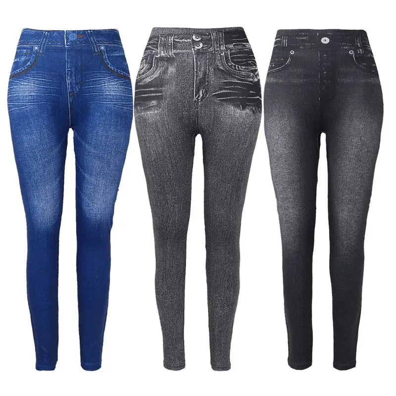 Kvinnor fleece fodrade vinter Jeggings faux jeans sömlös hög midja smala mode jegings leggings kvinnor fitness byxor gym fötter