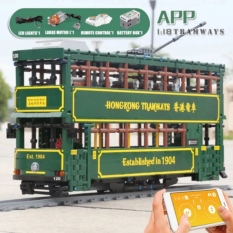 Motoriserad 1904 Hongkong Tramways bussmodell byggstenar mögel kung KB120 app moc bil tegel barn utbildning julklappar födelsedagsleksaker för barn