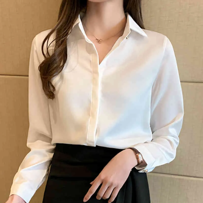 Blusas Mujer De Moda col rabattu bureau Blouse chemise dames hauts en mousseline De soie blanc Blouse à manches longues Blouse femmes C645 210426