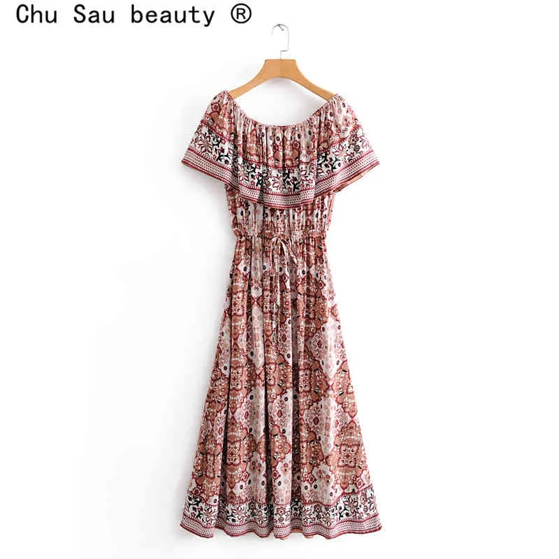 schoonheid mode boho bloemen print maxi jurk vrouwen vakantie stijl off shoulder elastische taille lange jurken vrouwelijke 210514