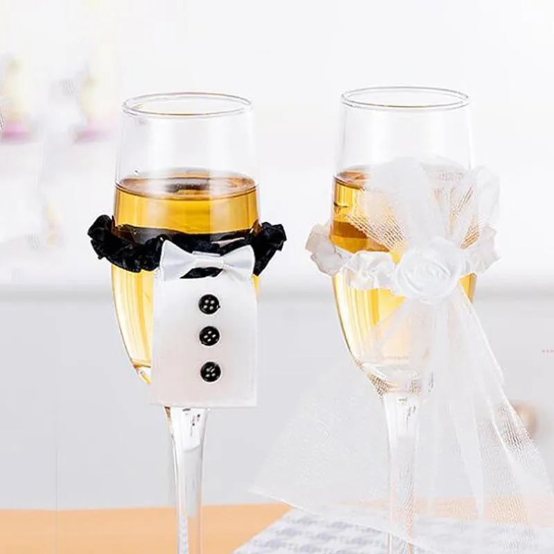 Wedding Decoration Cup Set Handmade Suit Wedding Dress Champagne Bride and Groom Champagne Glasses Bridal Shower Wedding Gifts Supplies Elastic Nylon Ring MJ0419