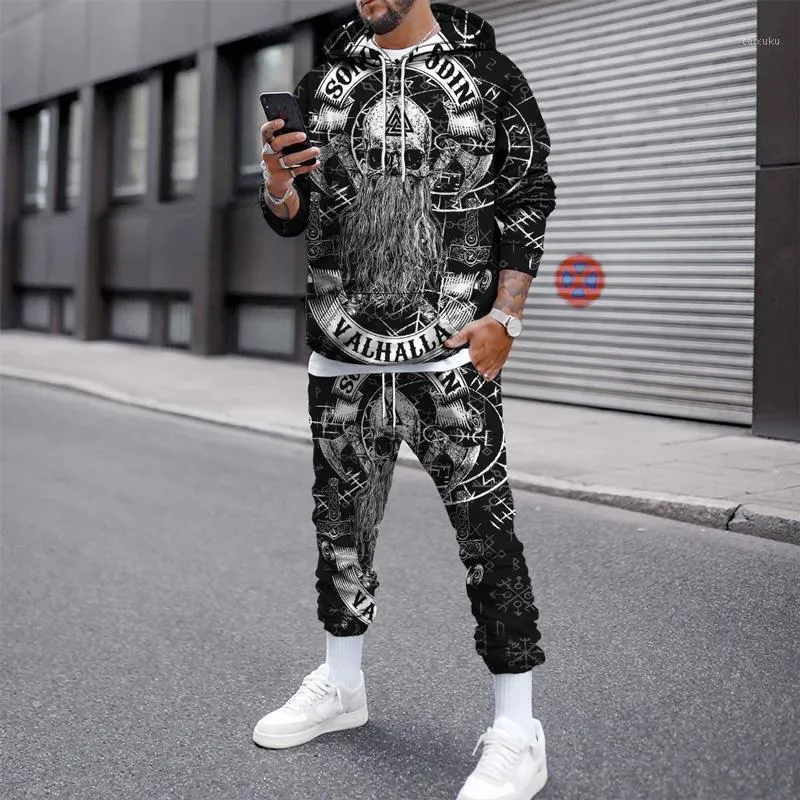 Survêtements pour hommes Trendy Man Must-Have Costume d'automne Viking 3D Pantalon à capuche imprimé 2 pièces Ensemble 2021 Punk Streetwear Mode Vendez comme des gâteaux