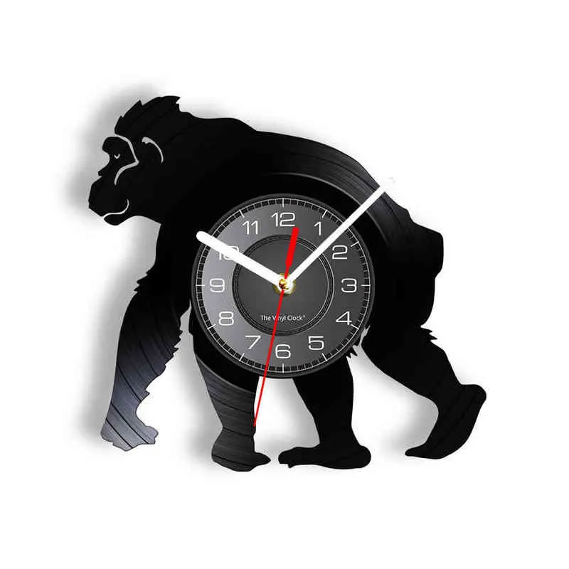 Singe Art chimpanzé vinyle disque de musique horloge murale faune Animal décor à la maison grand singe Silhouette découpé au Laser vinyle montre murale H1230