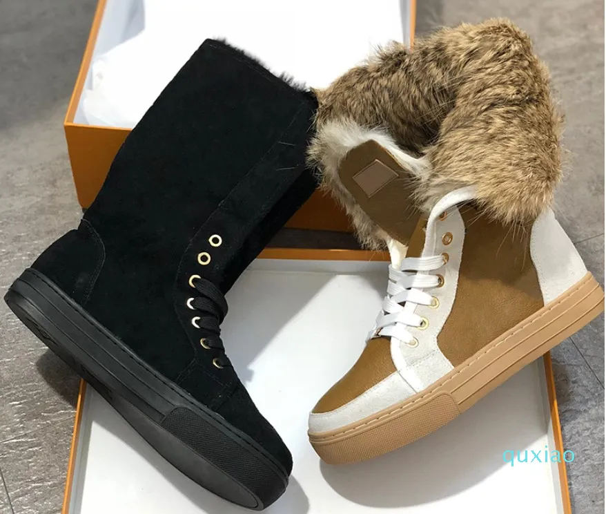 2021 Kvinnor Stövlar Vinter Snö Stövlar Suede Real Fur Slides Läder Vattentät Vinter Varm Knä High Boots Fashion Women Shoes