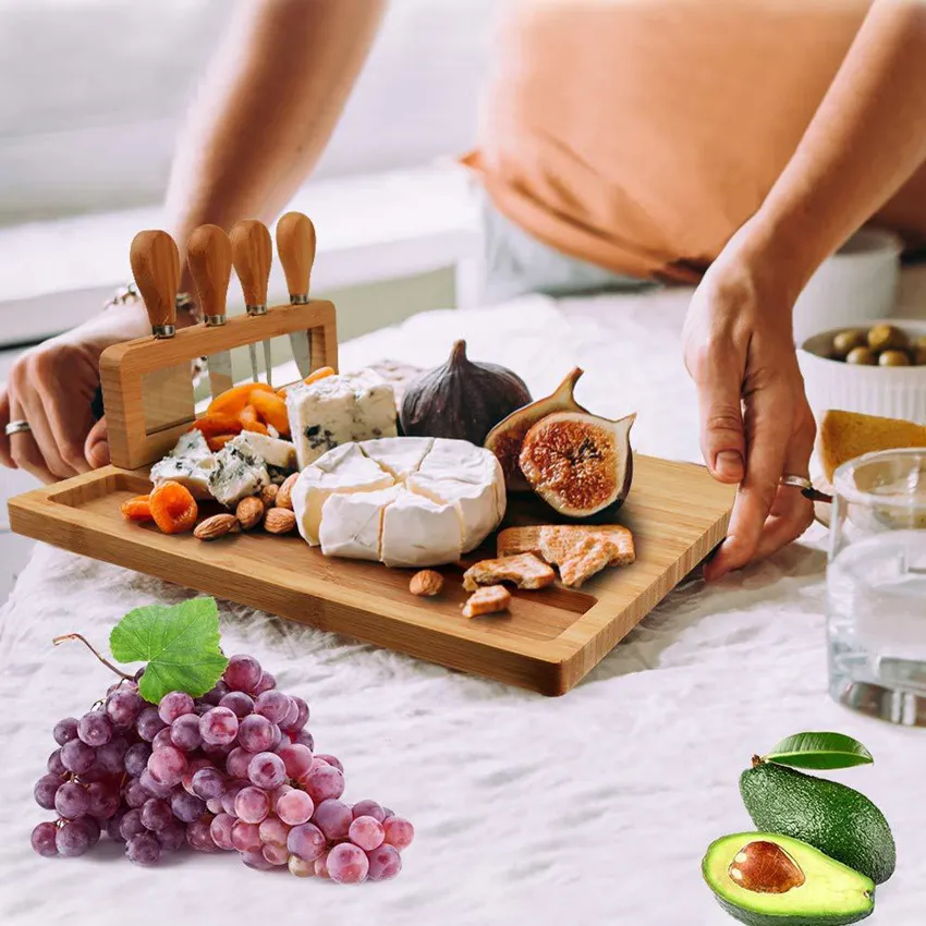 Grande Planche à Charcuterie à Fromage en Bambou Blocs à Découper avec Outil de Coupe Cadeau Idéal Ustensiles de Cuisine en Mer aLLA1035