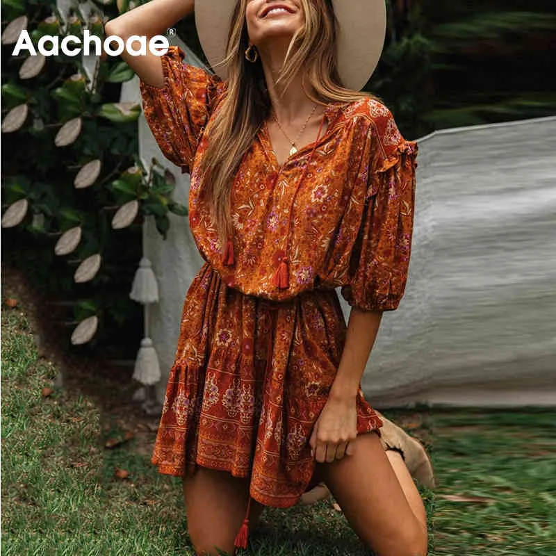 Bohemian Printed Mini Dress Women Holiday Style Ruffle Short Sleeve Dresses Vintage A Line Beach Sundress Vestidos Mujer 210413