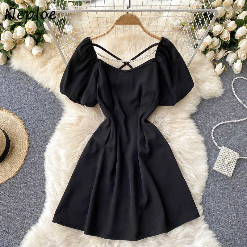 Neploe Square Collar Sexy Clavicle Exposed Multicolor Dress Women High Waist Hip A Line Slim Vestdos Short Sleeve Pullover Robe Y0823