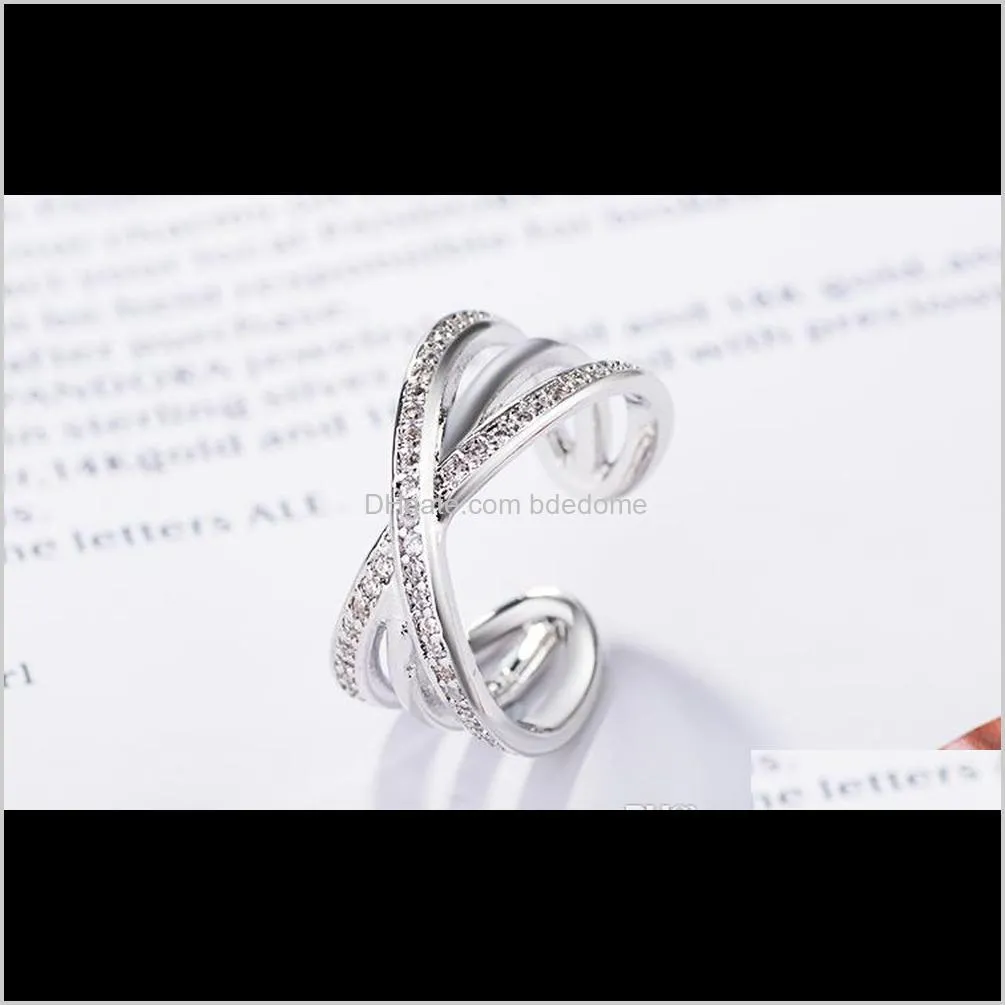 fashiong jewelry opening brass ring hollow-out cross connection zircon setting around imitation rhodium plated woman gift