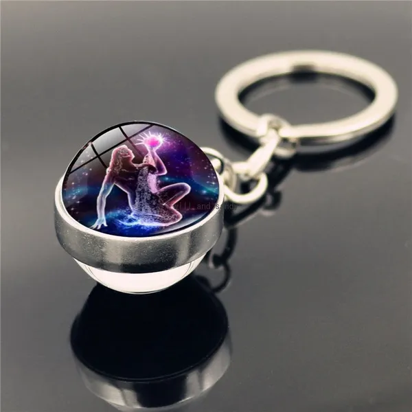 12 Zodiac Sign Glass Cabochon Ball Keychain Animal Aries gemini 스타 별자리 펜던트 양면 열쇠 고리 가방 매달려 패션 보석 Will and Sandy